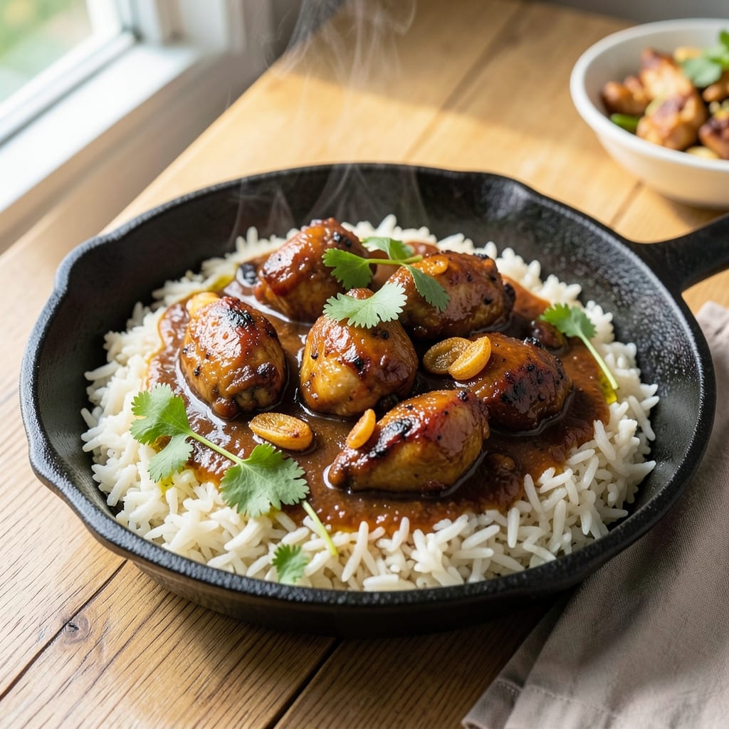 Adobo Rice Filipino Recipe: Soy-Braised Rice with Crispy Garlic Bites