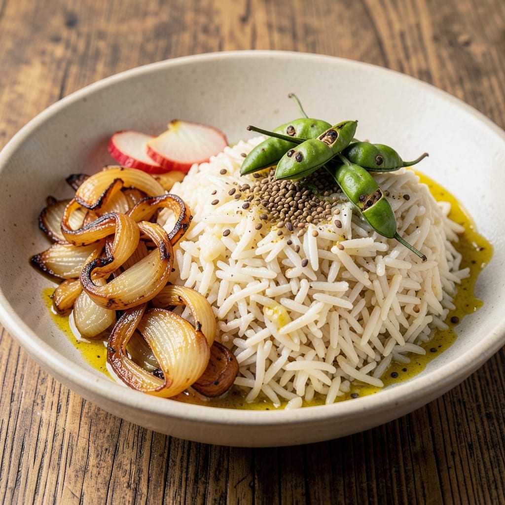 Aromatic Indian Rice Recipe: Cardamom-Kissed Basmati With Charred Onion Crunch