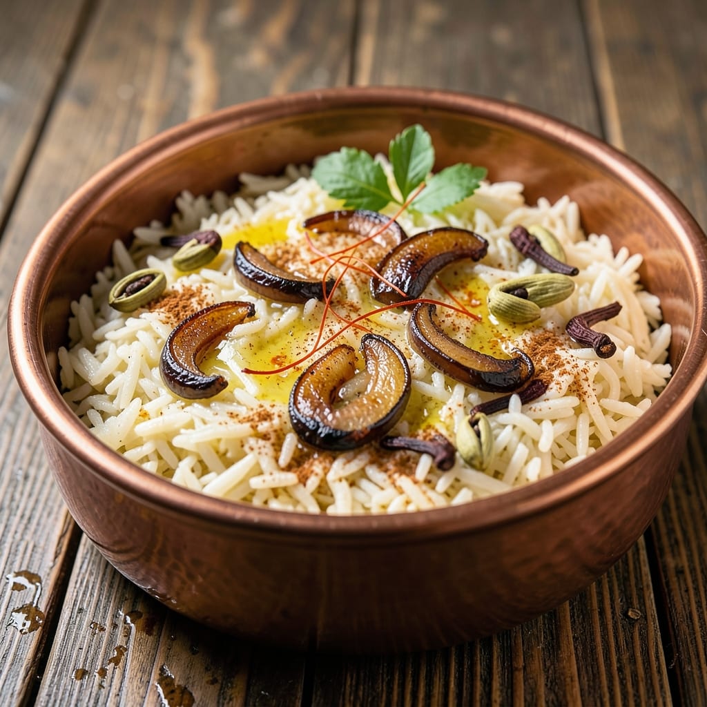 Arabian Rice Recipe: Golden Saffron Basmati With Charred Onion Layers