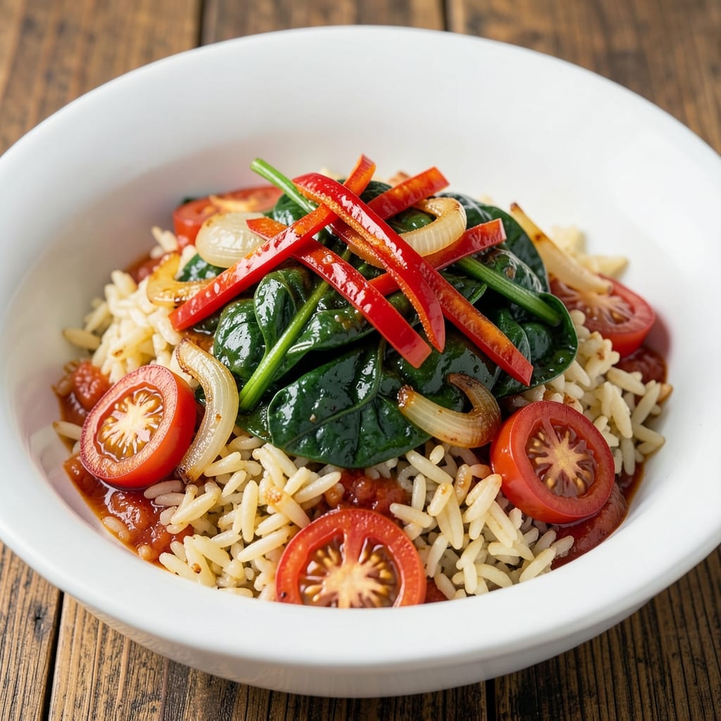 African Spinach and Rice Recipe: Vibrant Tomato-Pepper Base With One-Pot Ease