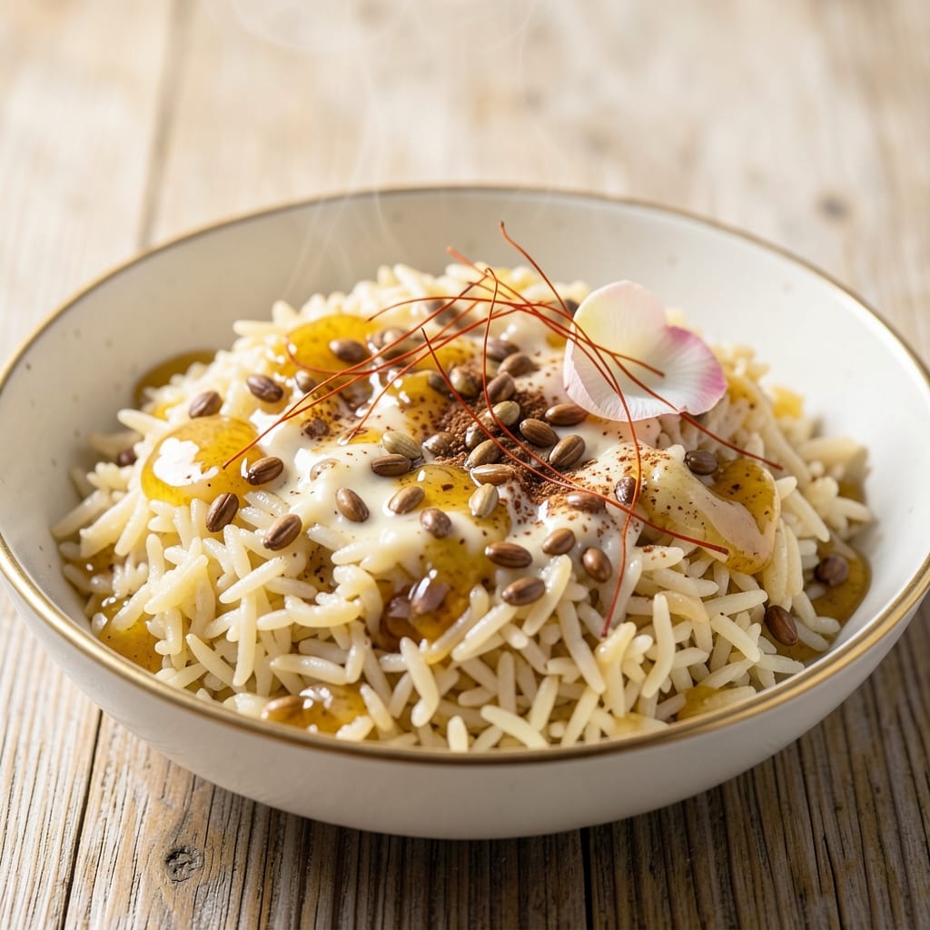Arabic Sweet Rice Recipe: Saffron-Infused Pudding With Toasted Barley Crunch